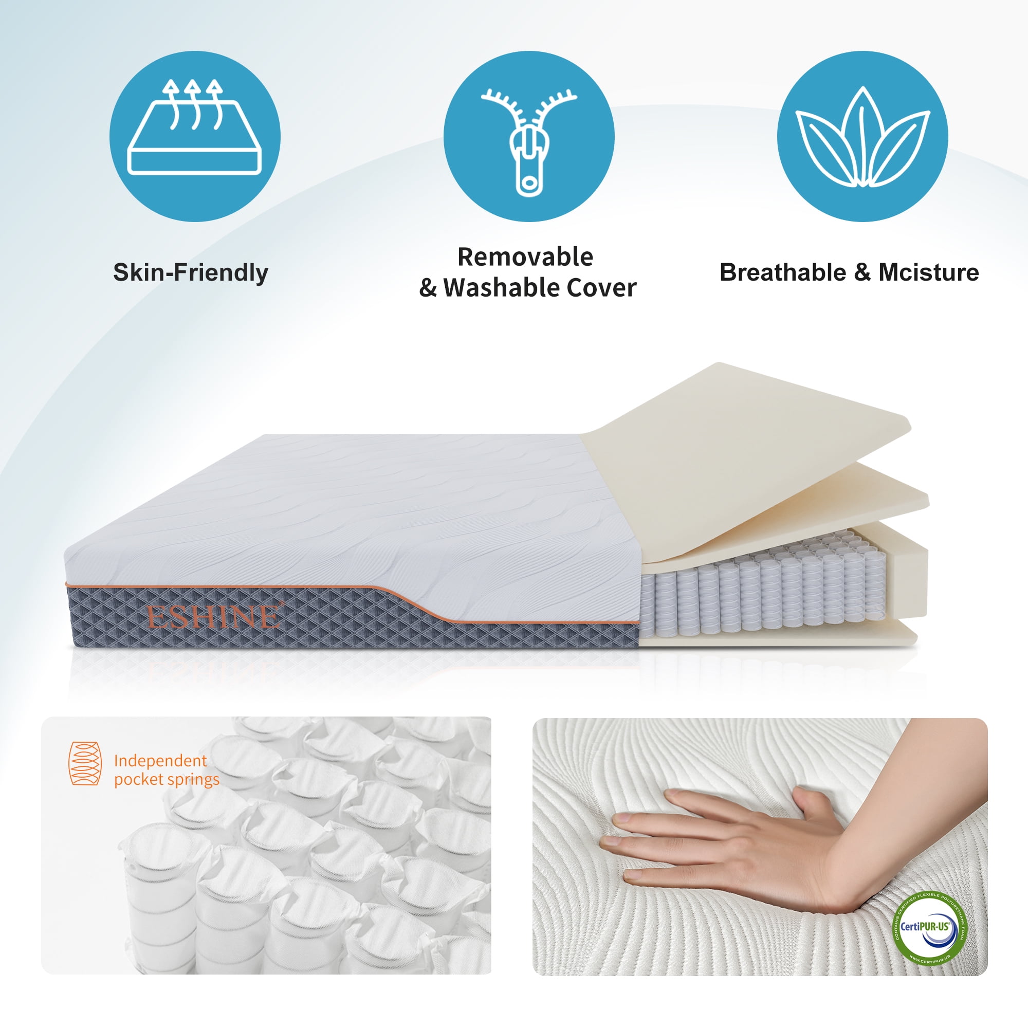 ESHINE Adult 10 inch Shock-Absorbing Queen Medium Hybrid Mattresses