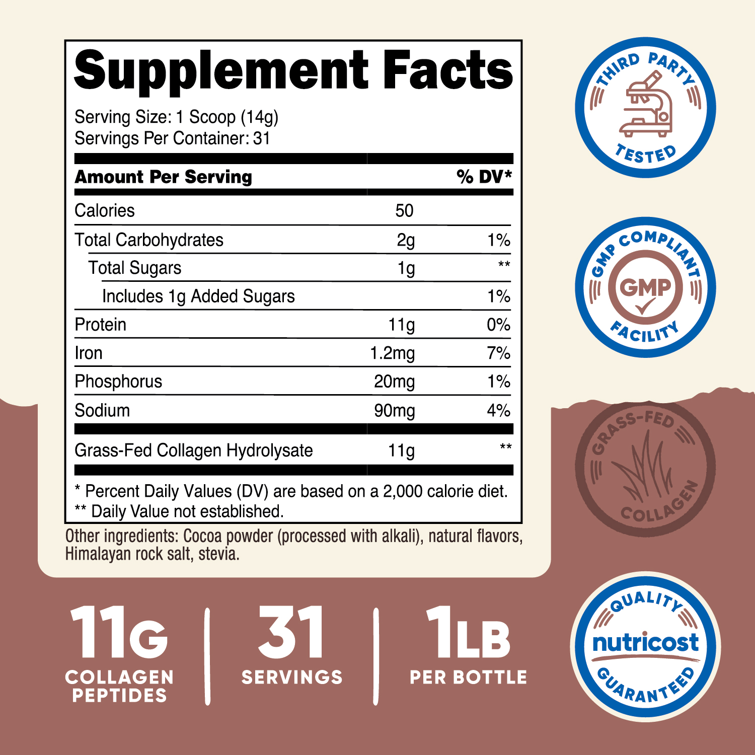 Nutricost Grass-Fed Collagen Powder 1LB (Chocolate) - Non-GMO, Gluten Free Supplement