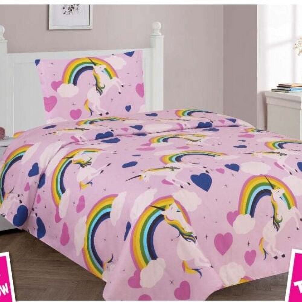3pc sheet set TWIN for kids girl's boy's flat sheet bed ,fitted sheet bedding & pillow case unicorn rainbow multi-color easy wash