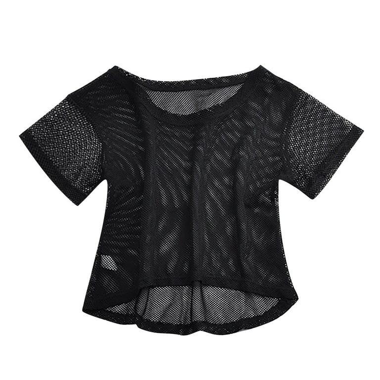 Loose Black Crop Fishnet Top T-shirt Femme Short Sleeve Sports See
