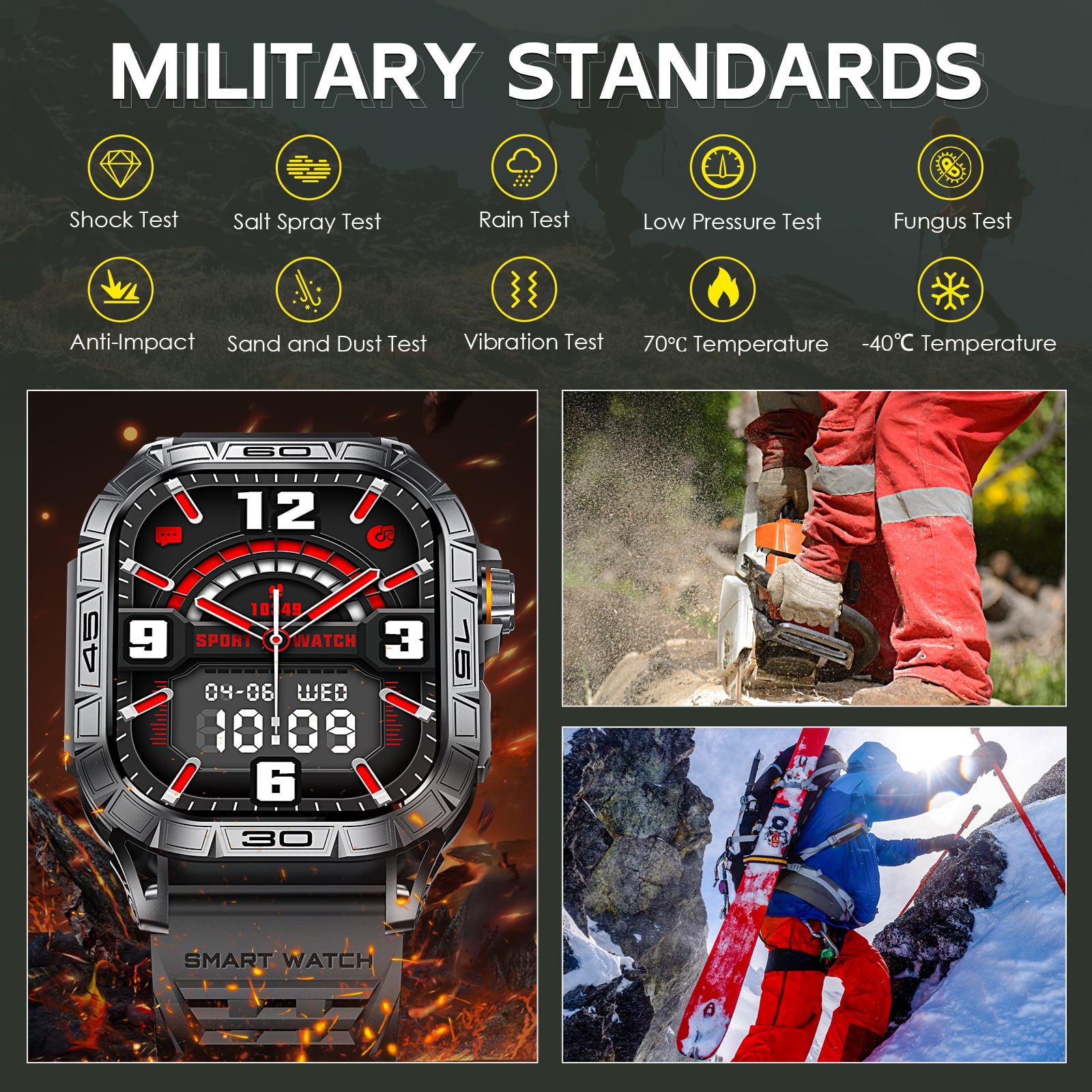 EIGIIS Military Smart Watch for Men Answer Make Calls Message Notification 1.96" AMOLED Full Touch Smartwatch Fitness Tracker Watch Sleep Monitor Step Counter Sports Watch for iPhone Android