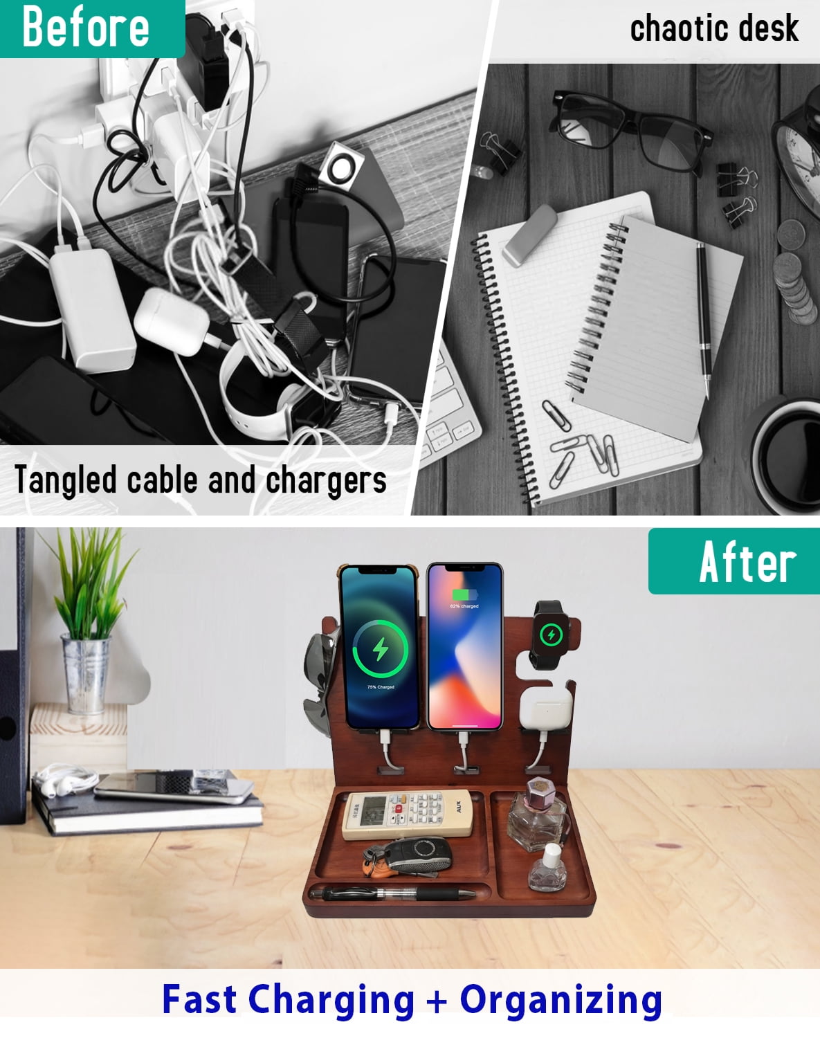 Nightstand Organizer Built-in Type C Charger Fast Charging,2 USB C & 2 USB A Charging Station for Multiple Devices Apple Samsung Google, Wood Phone Stand for Desk,Anniversary Birthday Gifts For