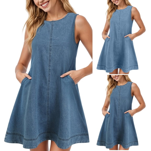COMVALUE Women's Sleeveless Crew Neck A-Line Denim Dress Loose Casual Mini Jean Dresses 2026 (XL, BU2)