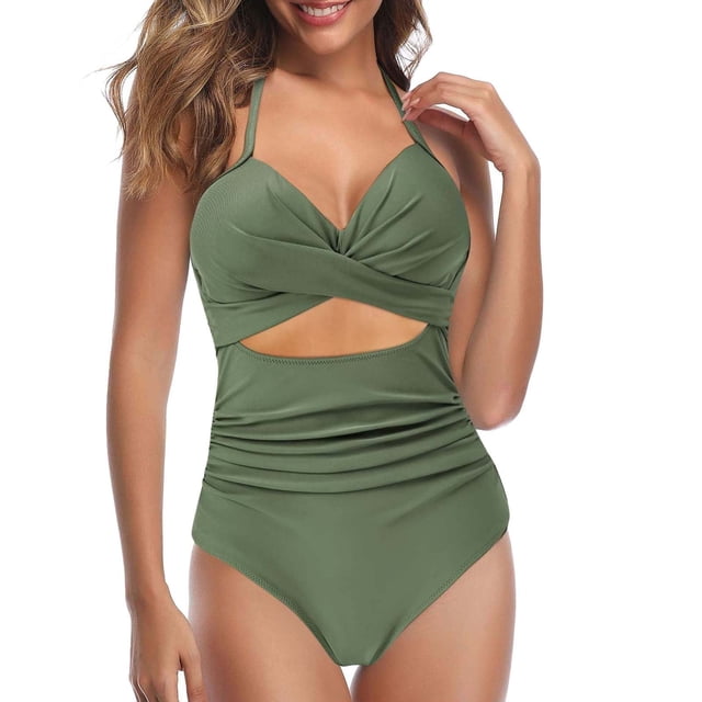 willbest traje de baño para mujer, monokini verde; vista frontal centrada con copas push-up y escote cruzado, cintura alta con abertura bajo el busto y frunces en el abdomen que aportan control de abdomen, tirantes finos y tela lisa. Adecuado para natación y actividades acuáticas ligeras.