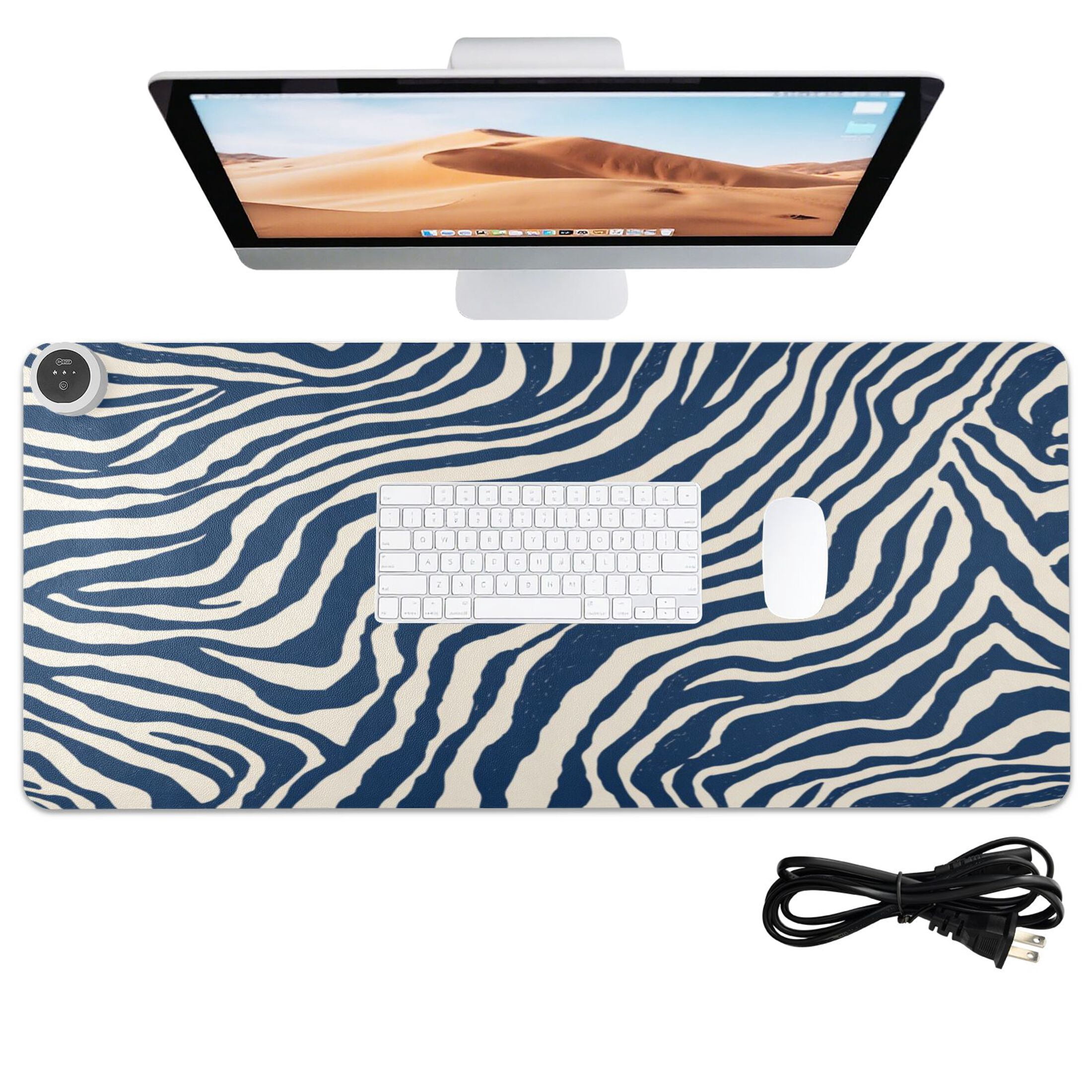 Large Heated Desk Mat Mouse Pad 31.5"x13"PU Leather Graphene Heating Desk Warmer with 3 Temperature Settings 110V US Plug Non-Slip Warm Pad for Home, Office, and Gaming Digital Blue Zebra Stripes