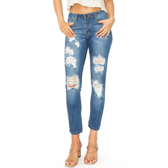 Machine Jeans Women's Juniors Mid Waist Distressed Skinny Jeans  (Med Denim, 1)