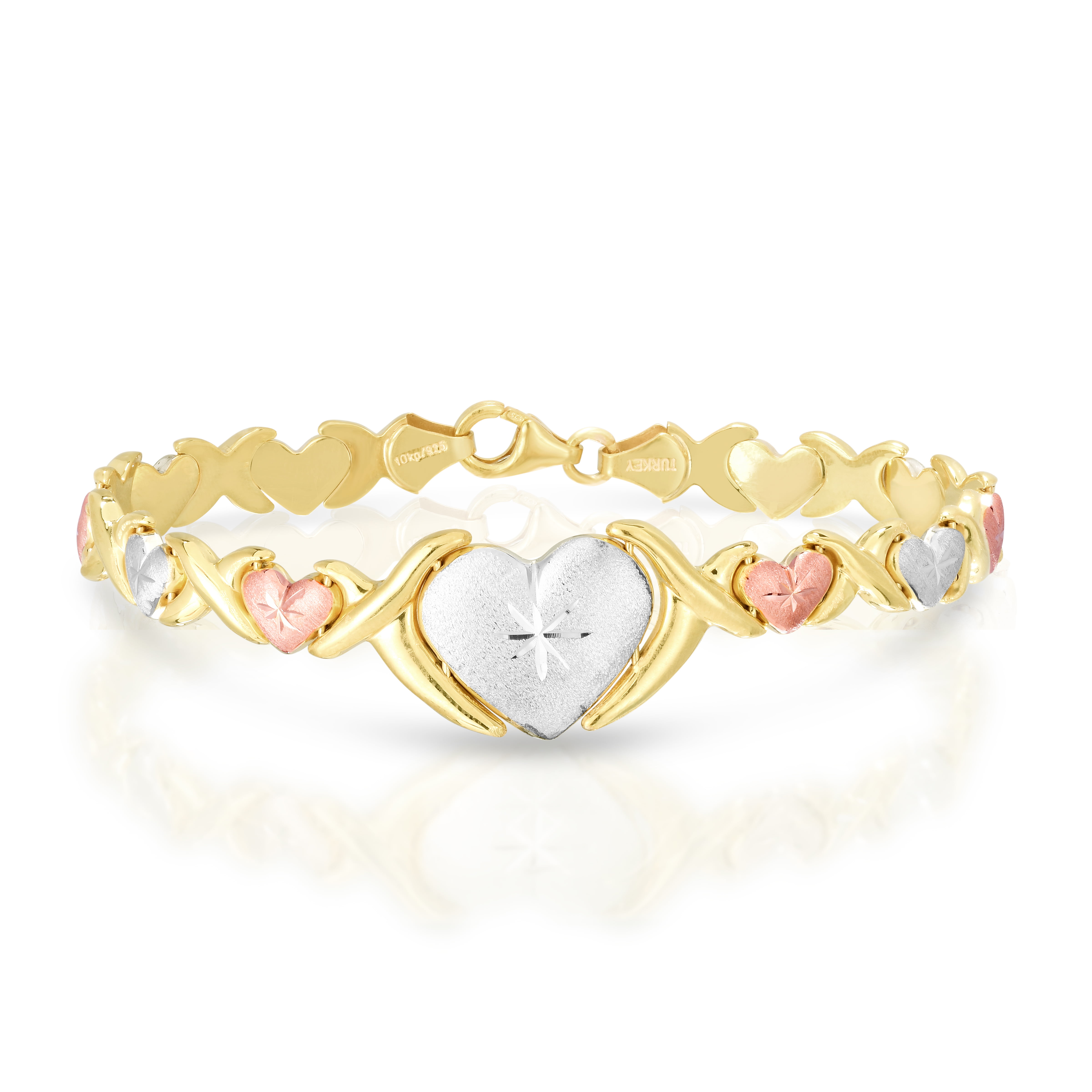 Childrens Kids Engravable Hearts & Kisses Bracelet 14K TriColor Gold Clad Silver 