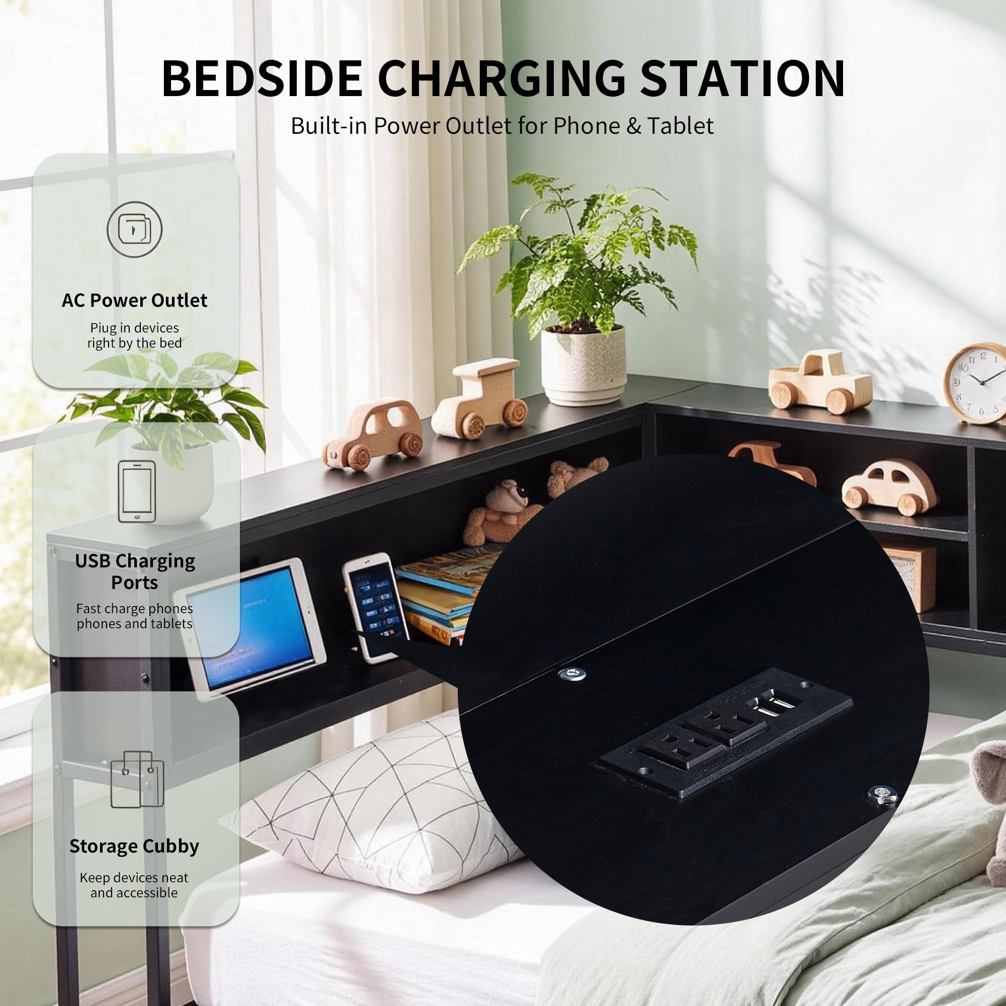 Miniyam Twin Daybed with 2 Storage Drawers, LED Lights & Charging Station, Black