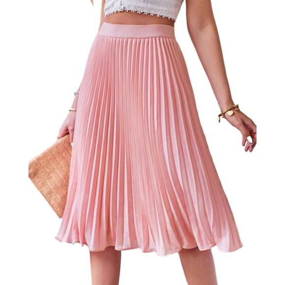 Kate Kasin Women's Pleated Midi Skirt High Waist SkirtPink Size M KK659-1