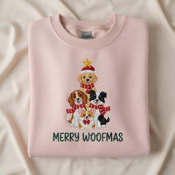 Embroidered Merry Woofmas Sweatshirt, Christmas Dog Lover Gift, Cute Puppy Stack Sweater, Holiday Dog Crewneck, Pet Owner Gift