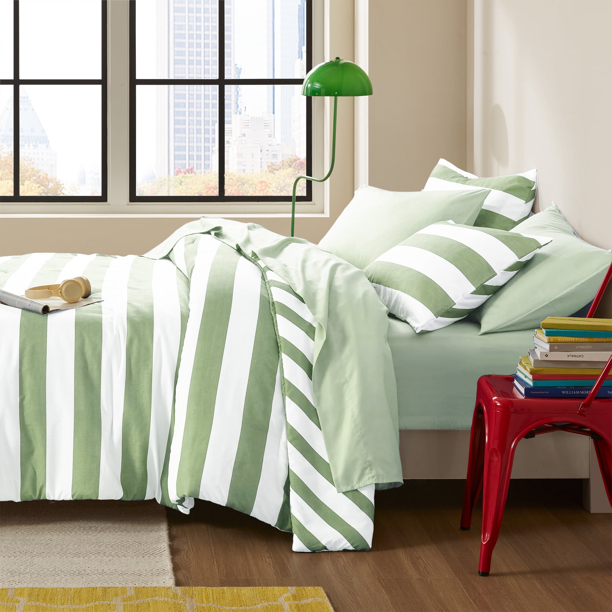 Regency Heights Essential Full Size Comforter Sets, 7-Piece Bed in a Bag Full, Reversible Striped Comforter Bed Set with Sheets, Sage