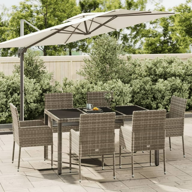 vidaXL Ensemble de Salle à Manger de Jardin 7 Pcs avec Coussins en Rotin Synthétique Gris
