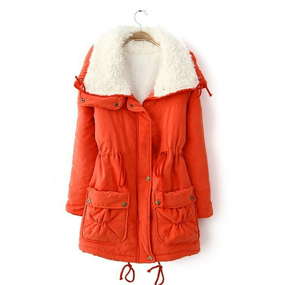 Verugu Winter Jackets for Women, Women's Oversized Winter Warm Coats, Women Buttons Long Sleeve Solid Pockets Coat Plus Fleece Overcoats Outwear Coats Orange M