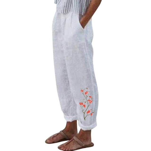 Gibobby pantalones de vestir mujer Pantalones recortados para mujer Oficina Mujer Pantalones capri con bolsillos Pierna ancha Casual Pantalón Capris livianos (Blanco, M)