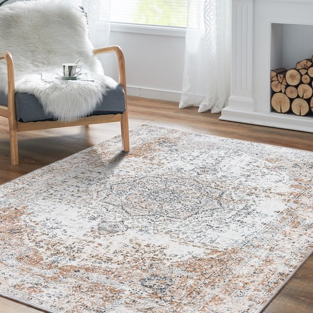 Rugking Area Rug 4x6 Foldable Taupe Rug Floral Printed Distressed Carpet Vintage Traditional Indoor Mat for Bedroom Living Room