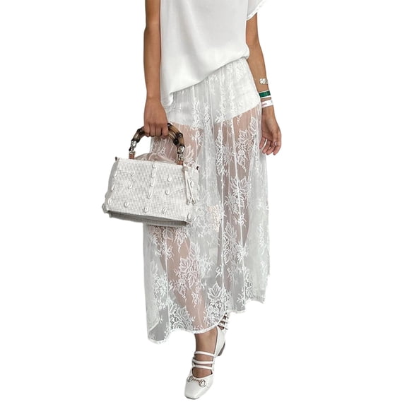 Women'S High Waist Sheer Floral Embroidered Lace A Line Maxi Skirt White M