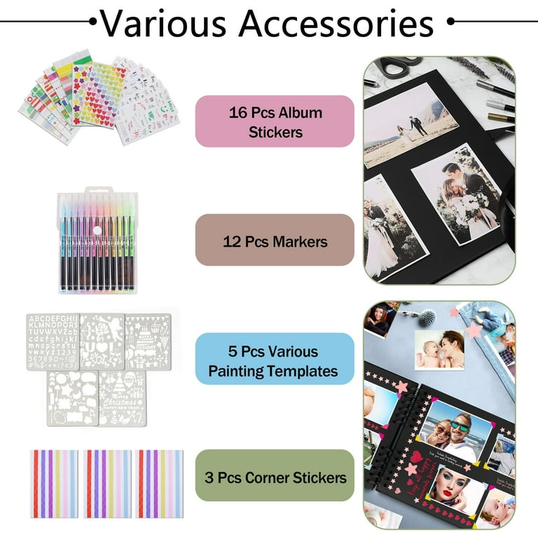 Yalumo 80 Pages Scrapbook Album, Photo Album Scrapbook 11.3x8.5 Inch with 12 Markers,  Cardboard Scrapbooking Kit for Family DIY Wedding Birthday Anniversary, Black, Graduation Gifts