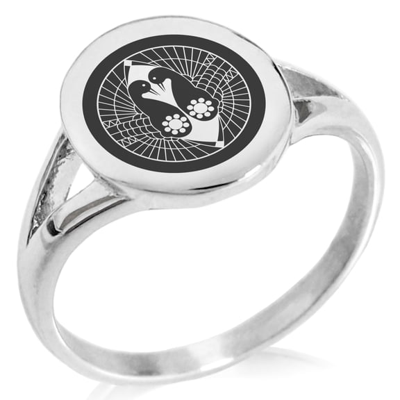Stainless Steel Nanbu Samurai Crest Minimalist Oval Top Polished Statement Signet Ring
