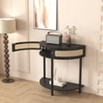 thumbnail image 3 of Oufan Unique Half Moon Design End Table with Sliding Rattan Door,Elegant Semi-circle Entryway Console Table with 2 Rattan Storage Cabinet and Bottom Shelf for Living room, Bedroom, Study, Hallway, 3 of 9