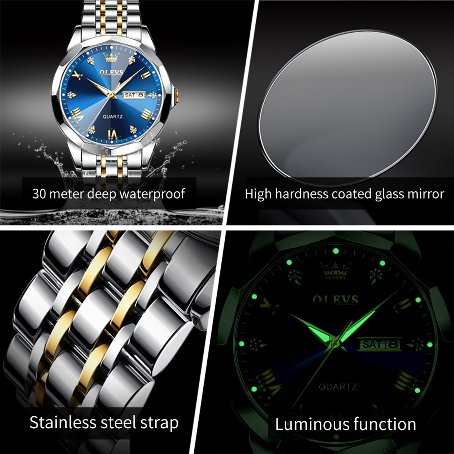 OLEVS 9931 New Business Quartz Watch for Men Dual Calendar Luxury Diamond Dial Waterproof Stainless Steel Strap Men Wristwatch