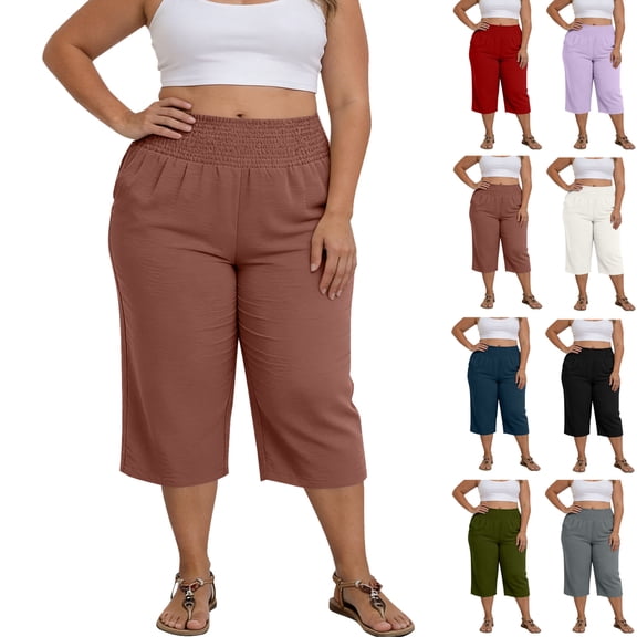 Women's Cargo Capris Pants Women's Fashionable Solid Color Capris Plus Size With Pockets Wide Leg Pants Wine XXXXXL