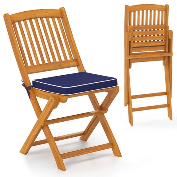 Spaco Outdoor Folding Chairs with Seat Cushions, 2 Pieces Chairs with Solid Acacia Wood Frame, Navy