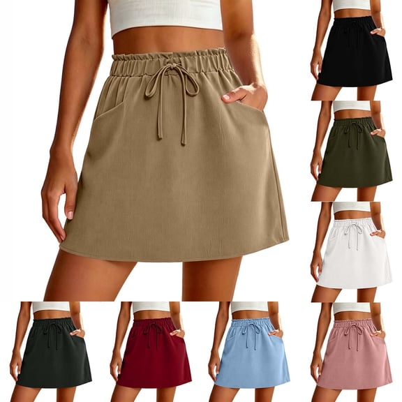 Soft Sweat Skirts for Women A Line Elastic Summer Drawstring Short Golf Casual Skirt with Pockets Women's Solid Color Workout Mini Skirt