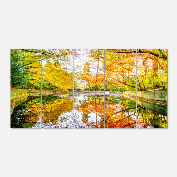 Designart 'Bright Fall Forest with River ' Landscape Canvas Art Print