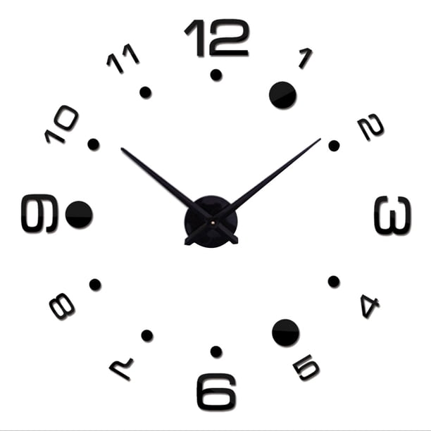 Reloj de pared grande 3D DIY sin marco con superficie de espejo, adhesivo para pared, decoración del hogar Negro
