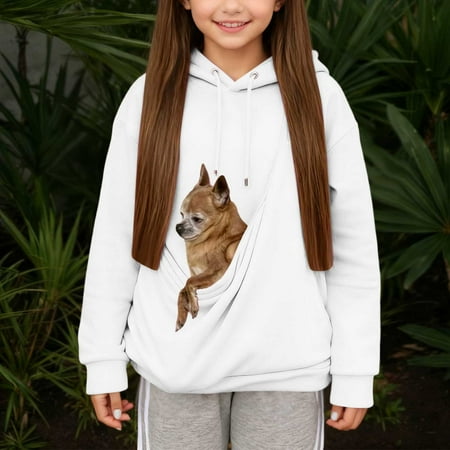 Ulitacool Girls Fall Sweatshirtswith Puppies Cats Shoulder Straps Pockets Long Sleeve Winter Solid Color Hooded Sweatshirts Cat Dog Pouch Hoodie Novel Daily Wear White 9-10 Years