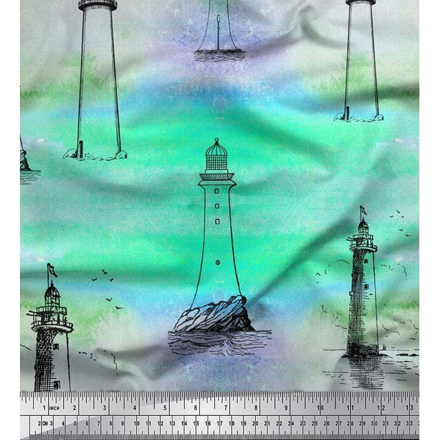 Soimoi Cotton Poplin Fabric Lighthouse Nautical Print Fabric by The Yard 42 Inch Wide