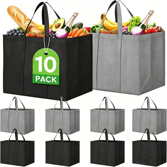 Reusable Grocery Shopping Bags 10 Pack Large Foldable Tote Bags Bulk, Eco Produce Bags with Long Handle for Shopping Groceries Clothes (Grey&Black)