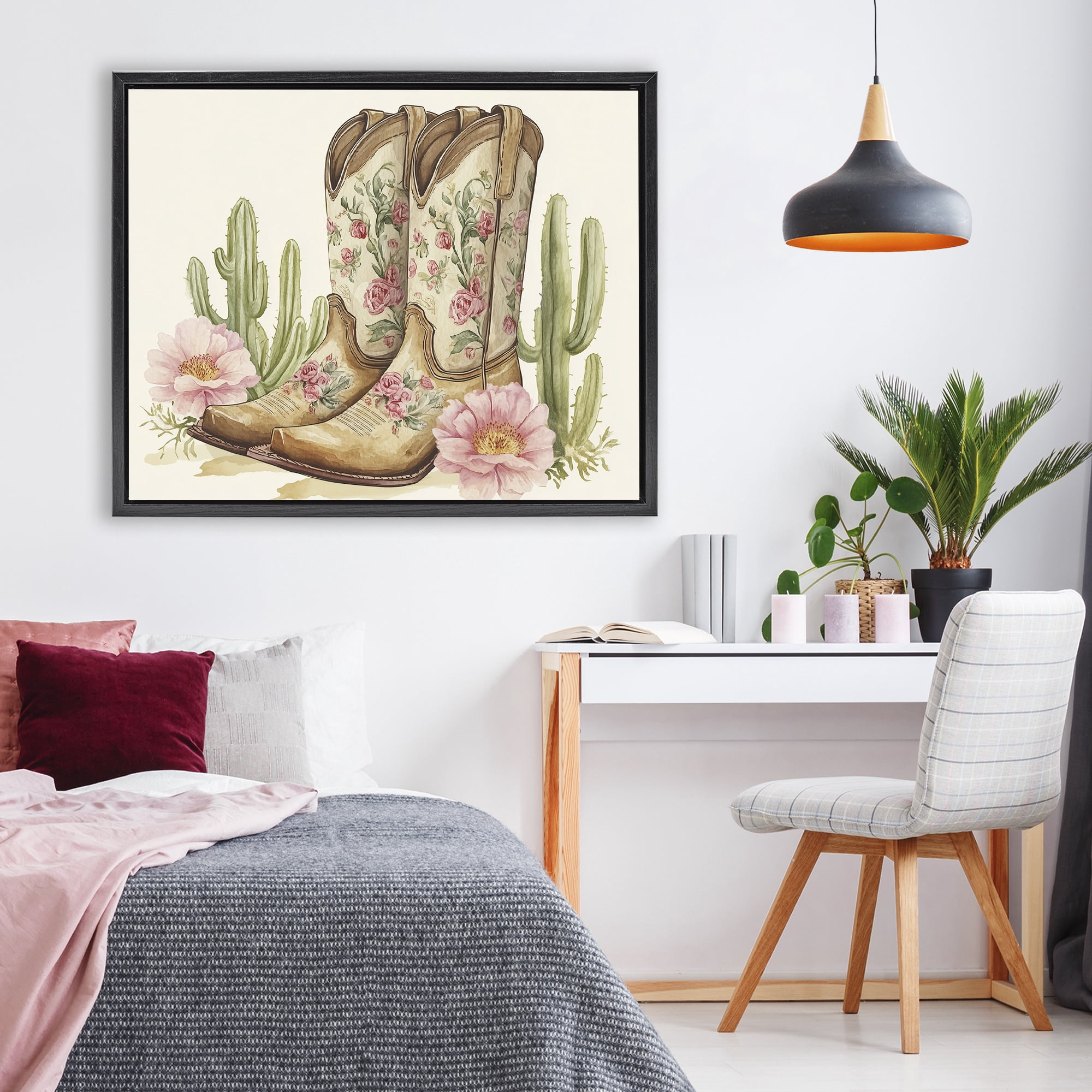 Stupell Industries Floral Boots & Cactuses Black Framed Floater Canvas Wall Art, design by Heidi Kuntz