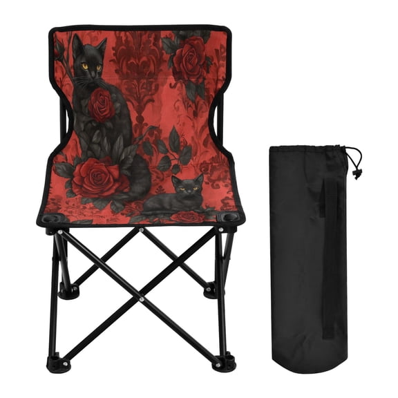 WOBOGO Gothic Roses Black Cats Pattern Camping Chair Convenient Four Corner Backrest Folding Stool Can Hold Up to 220lbs