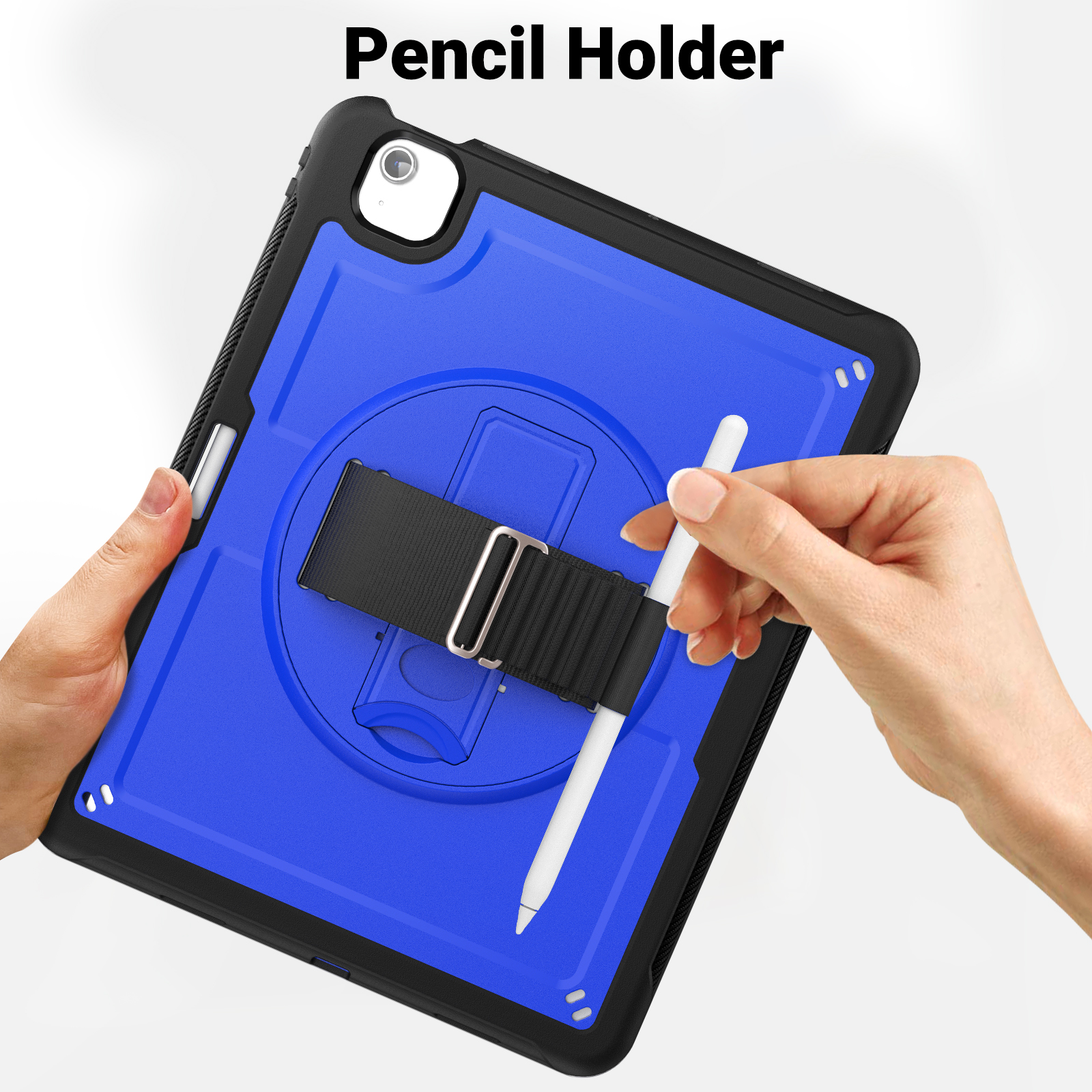 ELEHOLD Case for Apple iPad Air 13 (2024),Soft TPU Rugged Durable Case with 360° Rotating Hand Strap & Foldable Hidden Stand & Pencil Holder,Darkblue