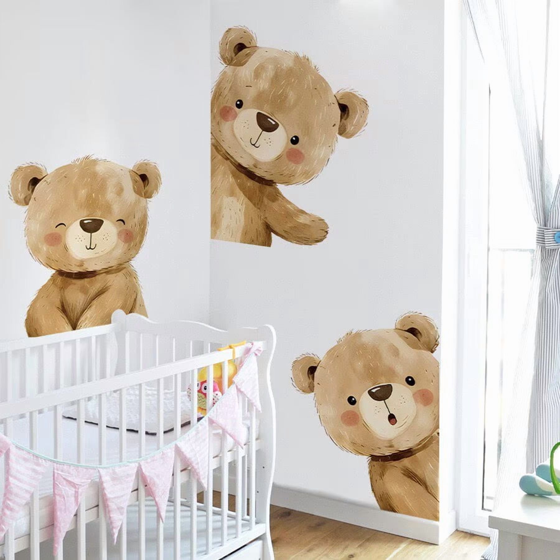 Woodland Bear Wall Sticker, Peeking Brown Bear Wall Decal, Watercolor Animal Mural for Nursery, Removable Peel & Stick Kids Room Decor