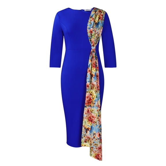 AURA Plus Size Elegant Pencil Midi Dress High Waist Round Neck Three Quarter Sleeve Splicing African Work Dress