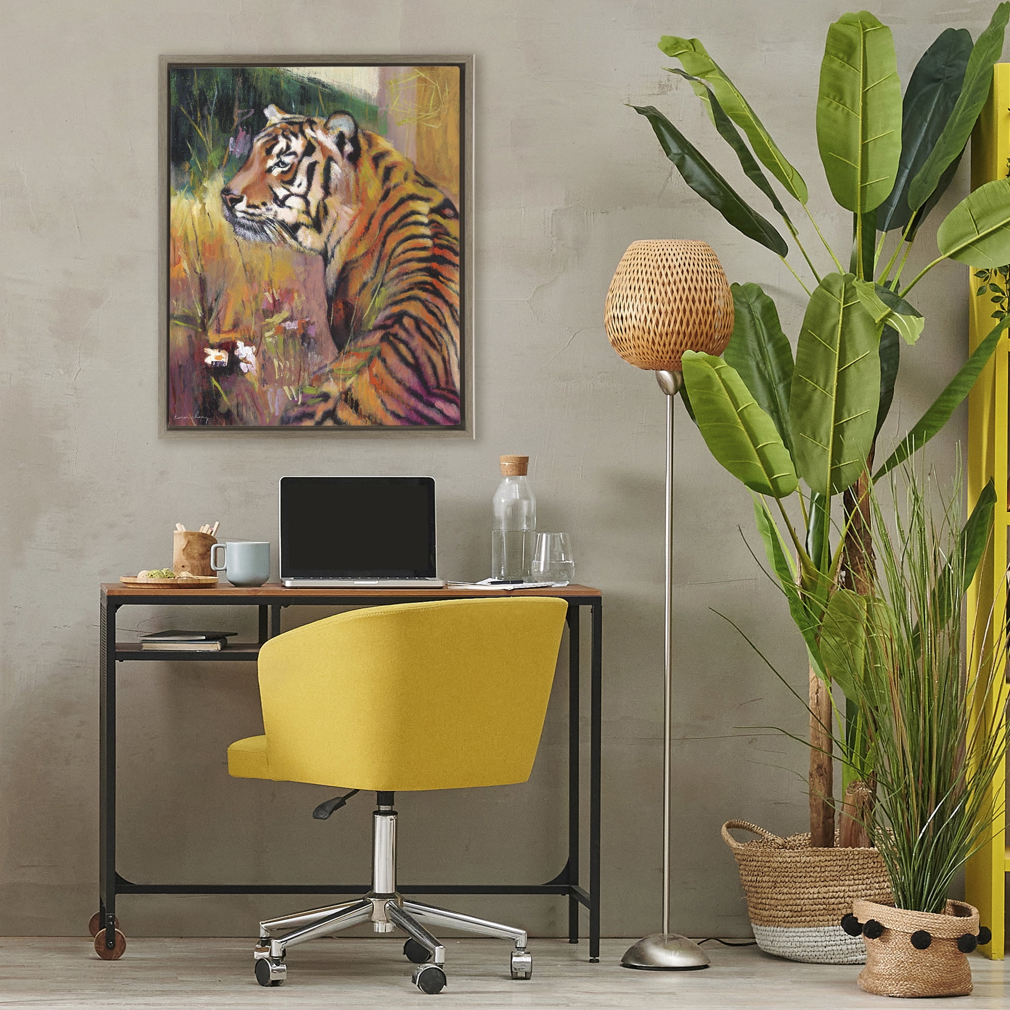 Stupell Industries Patience Tiger in Wait Brown Framed Floater Canvas Wall Art, design by Karen Chang