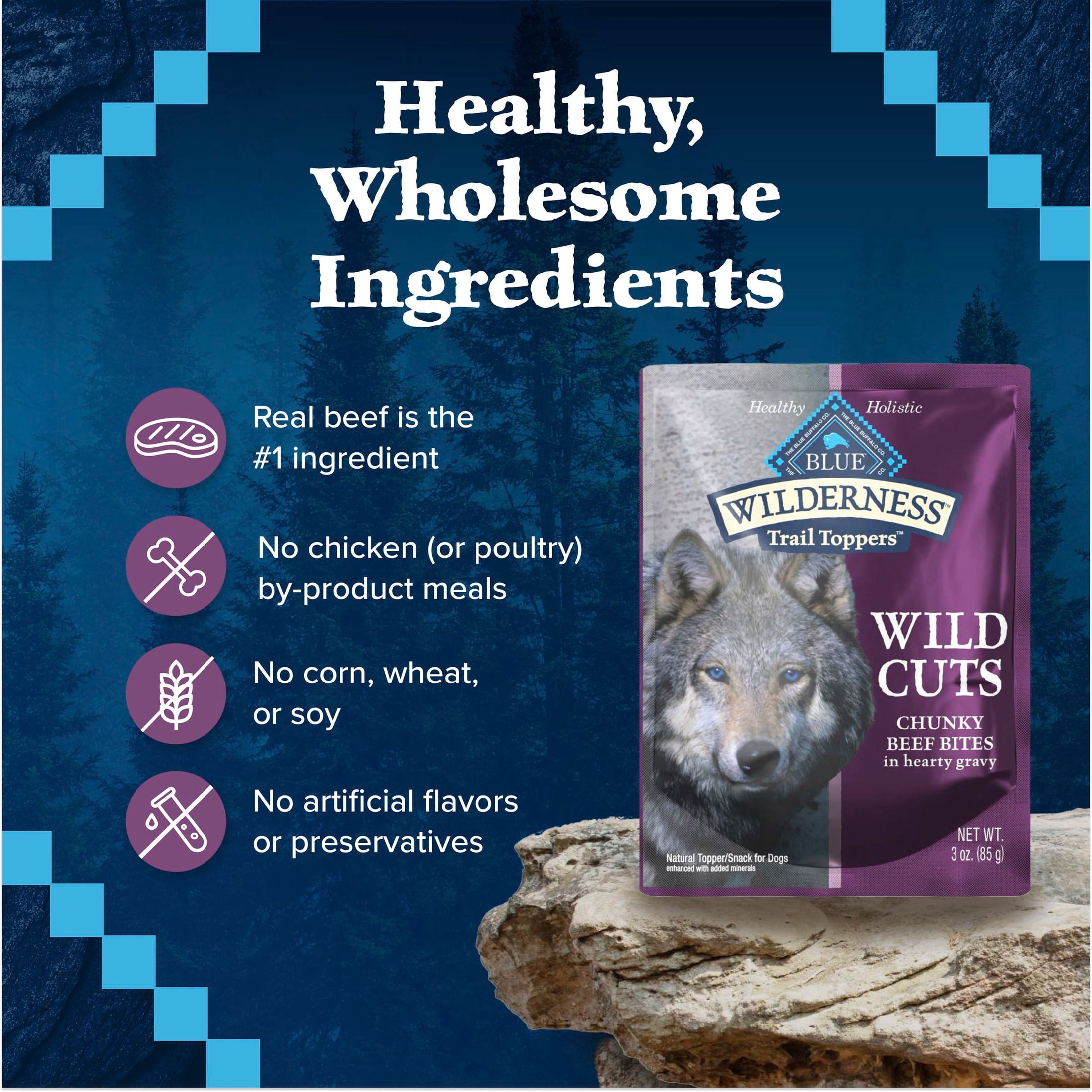 (12 pack) Blue Buffalo Wilderness Trail Toppers Wild Cuts Wet Dog Food, Grain-Free, Beef, 3oz Pouch