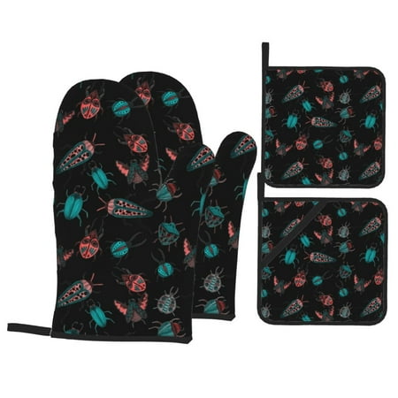 

Oven Mitts and Pot Holders 4 pcs Set Colorful Insect Heat Resistant Pot Holders Oven Mitts for kitchen Non-Slip Hanging Loop Oven Glove Potholders for Baking Cooking
