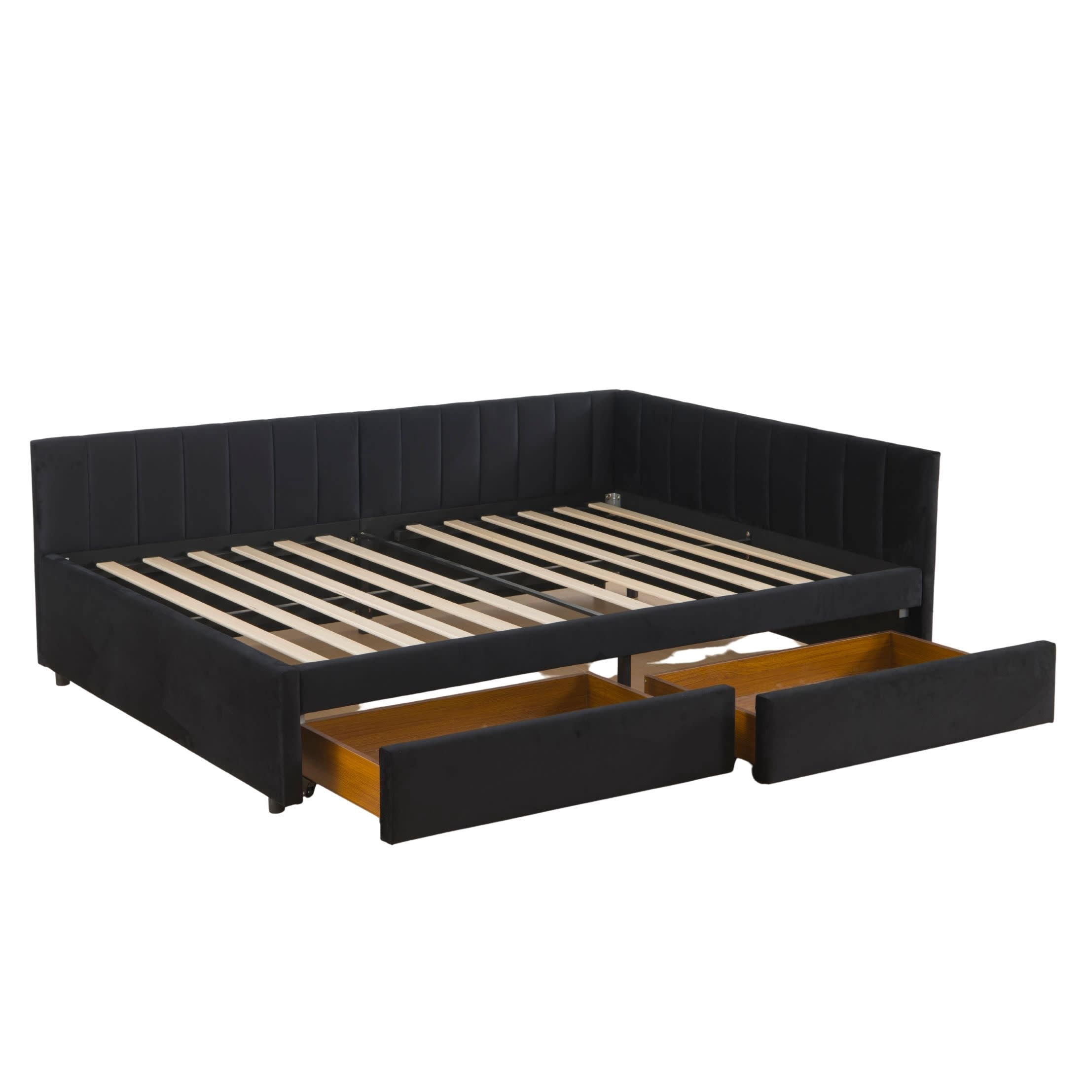 Noble House Beth 79" Full Upholstered Corner Daybed, L-Shaped Velvet Bed Frame with Storage Drawers, Guest Room, Black