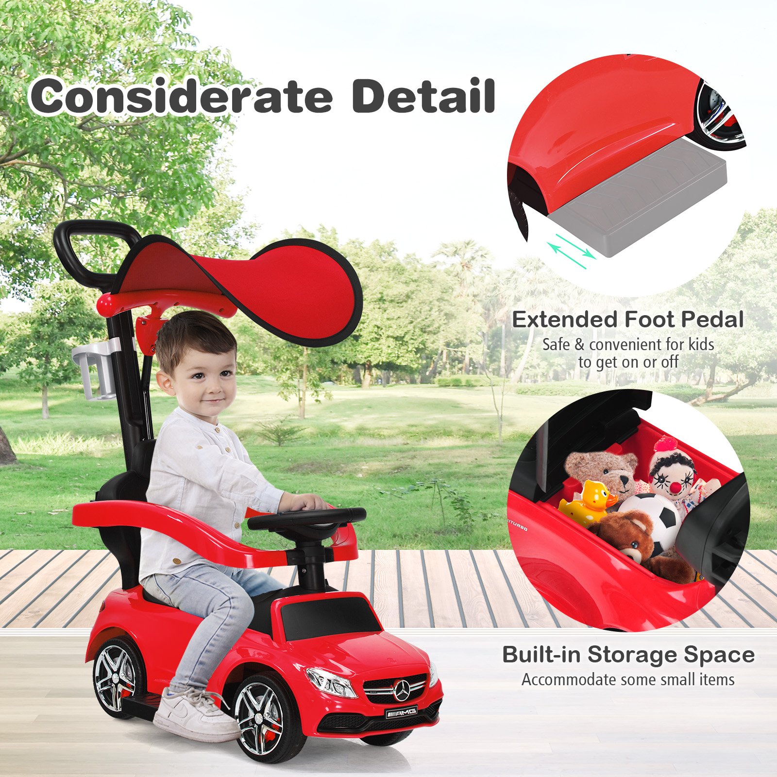 Infans 3 in 1 Ride on Push Car Mercedes Benz Toddler Stroller Sliding Car Red