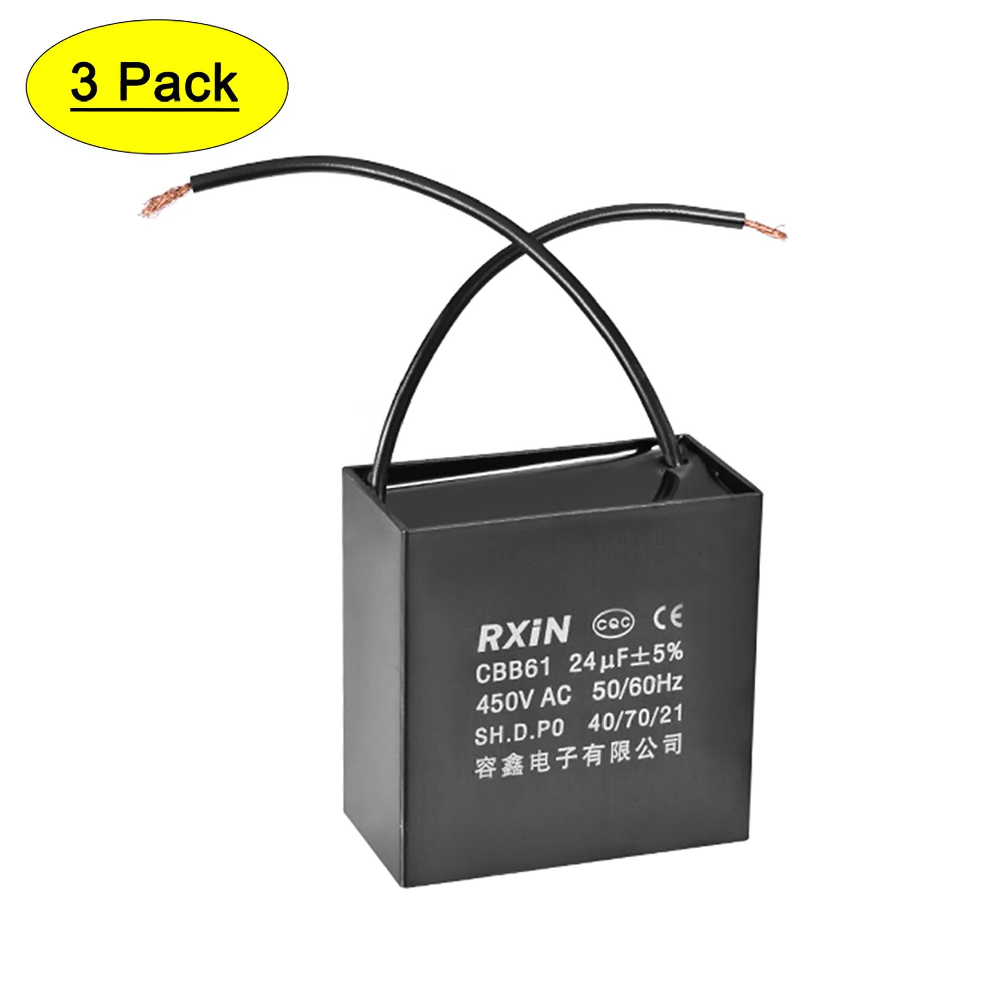 Uxcell 58x31x57mm 24uF 450V AC 2 Cable CBB61 Ceiling Fan Run Capacitor