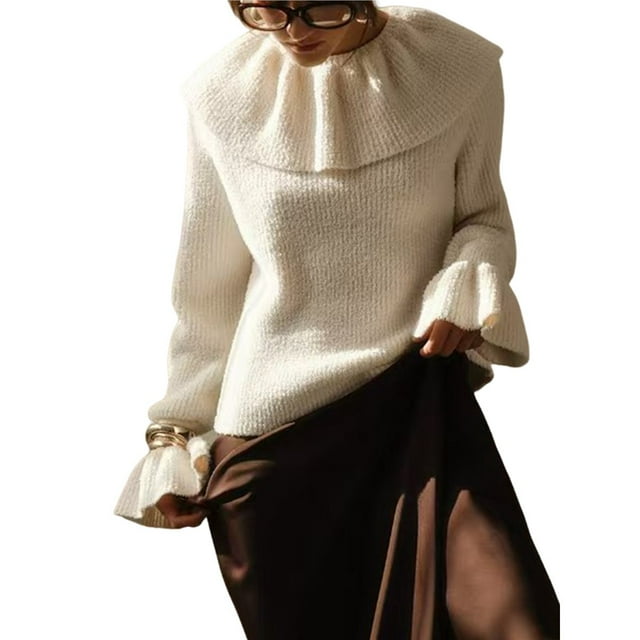 Suéter Holgado de Cuello Alto para Mujer, con Mangas de Obispo, Talla Grande, Estilo Jersey. M
