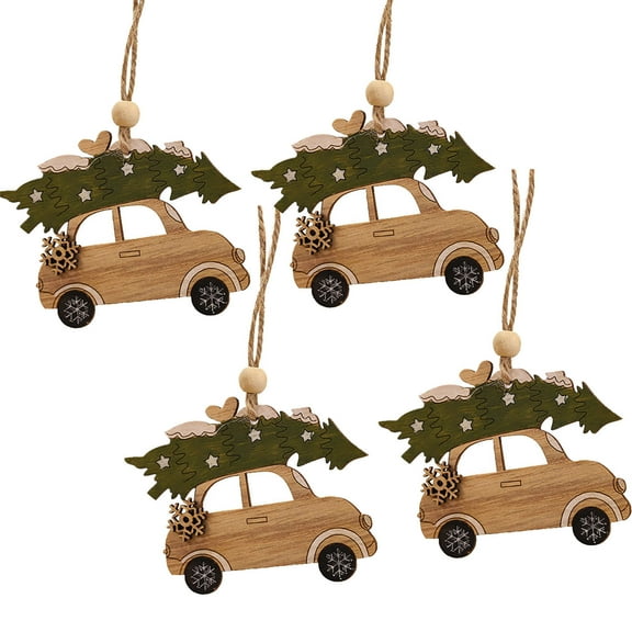 Pompotops 4PC Wooden Hanging Christmas Tree Cabin Elk Car Ornament Xmas Party Home Decor