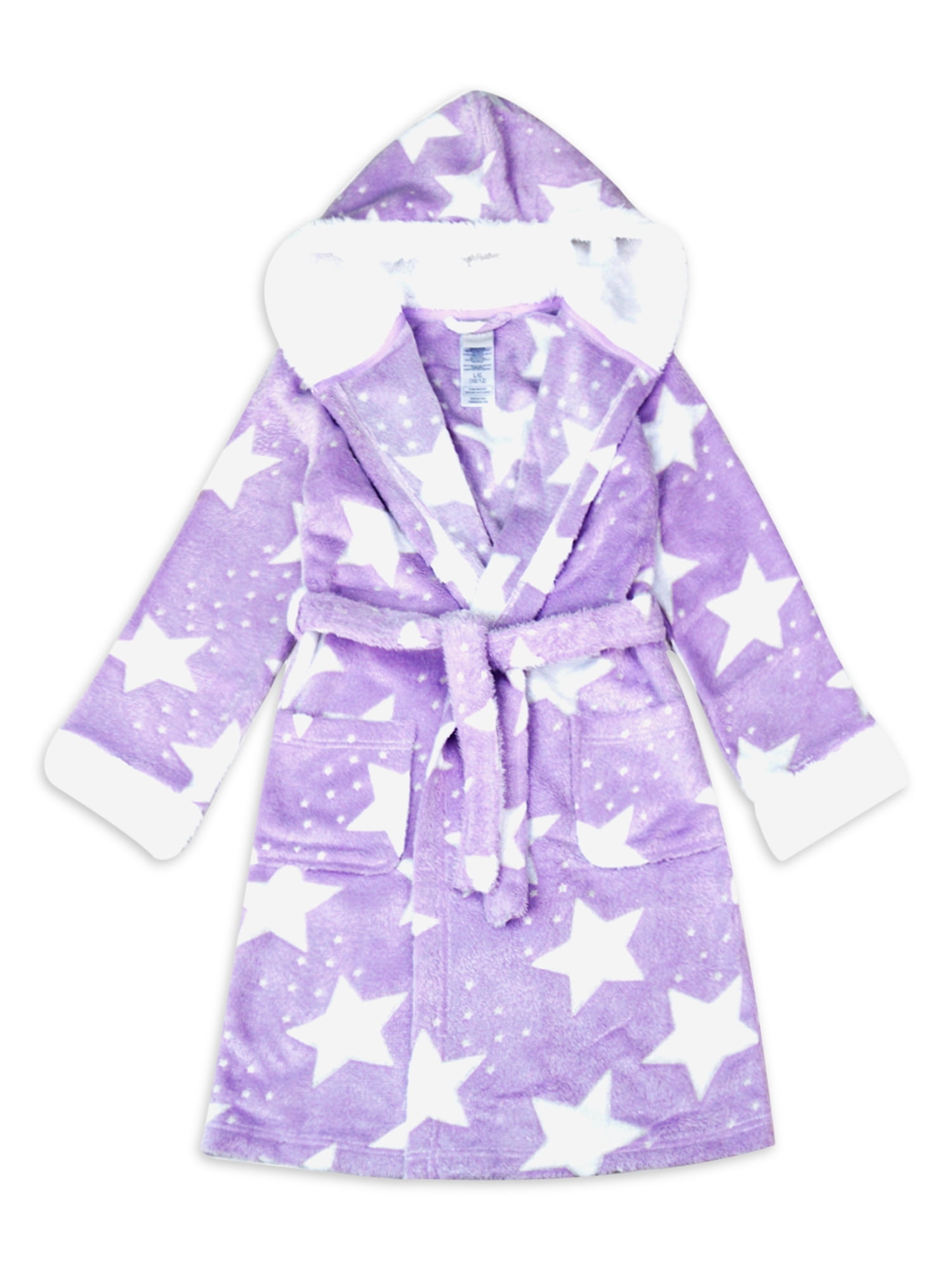 Girls Star Print Hooded Robe Soft Fluffy Fleece Pockets Dressing Gown Gift Idea 
