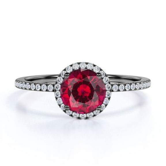 JeenMata Petite Pave Design 1 TCW Round Cut Lab Created Ruby and Moissanite Classic Halo Engagement Ring in 18K Black Gold Plating over Silver