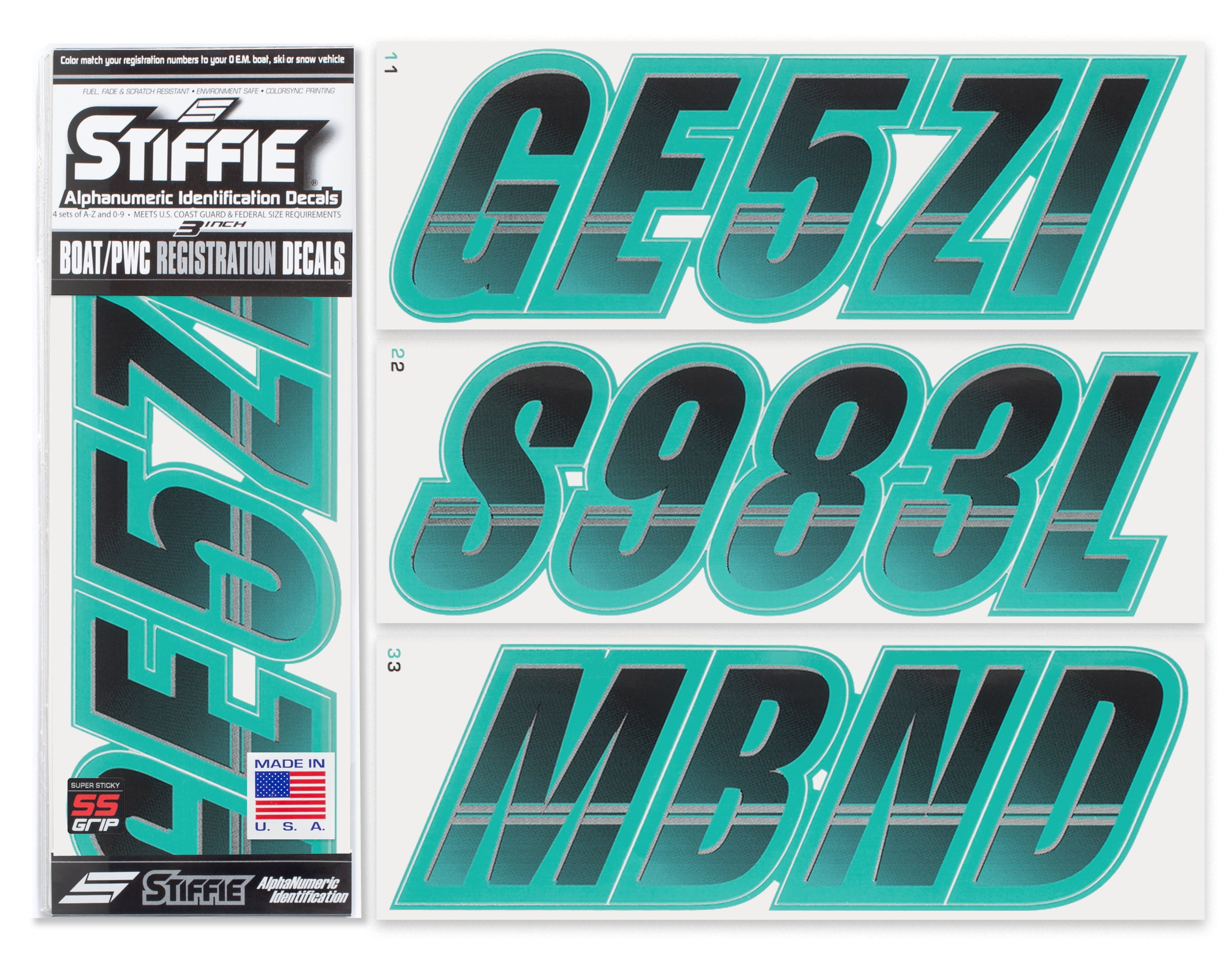 Stiffie Techtron Black/Candy Blue Super Sticky 3" Alpha Numeric