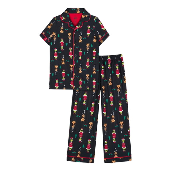 Grinch Boys Short Sleeve Sleep Button Front Top and Pants Pajama Set, 2-Piece, Sizes 4-12