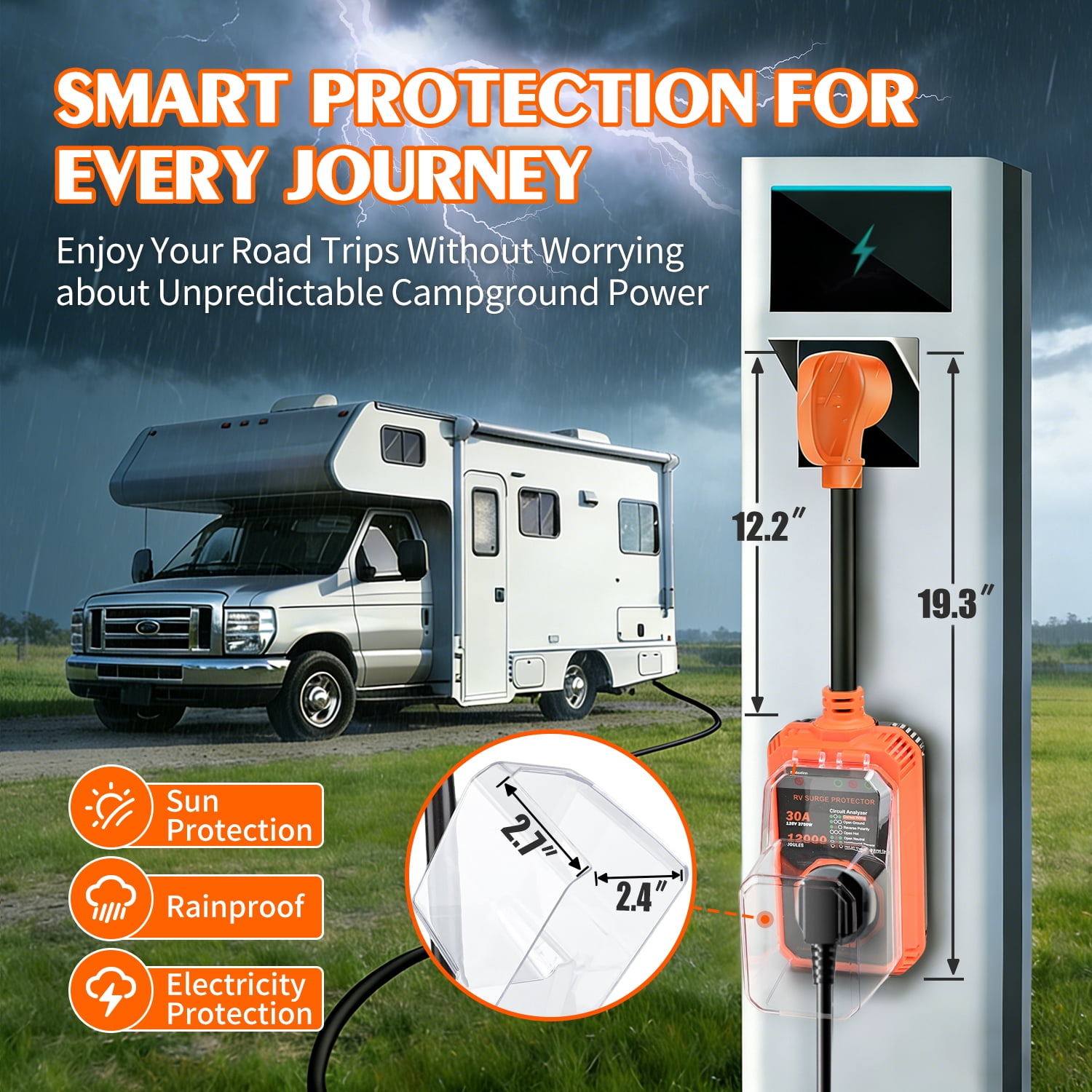 Askmuse RV Surge Protector 30 Amp, 12000 Joules Camper Power Protector, Smart Circuit Analyzer with LED Indicator, Waterproof Electrical Protection, 30 Amp RV Plug, Motorhome Camper Accessories
